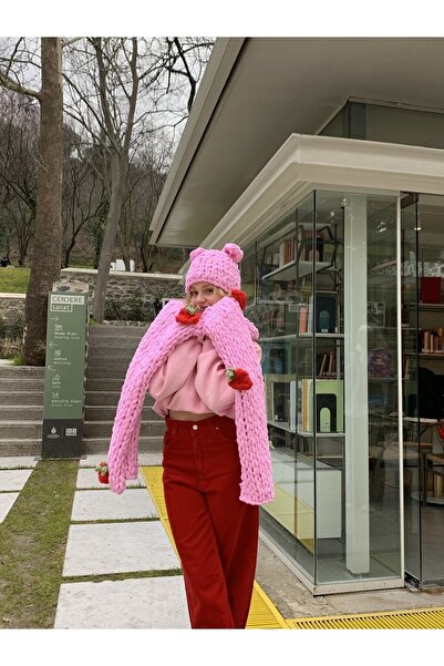 Genel Markalar Peluş Örgü Çilekli Pembe Atkı Şal
