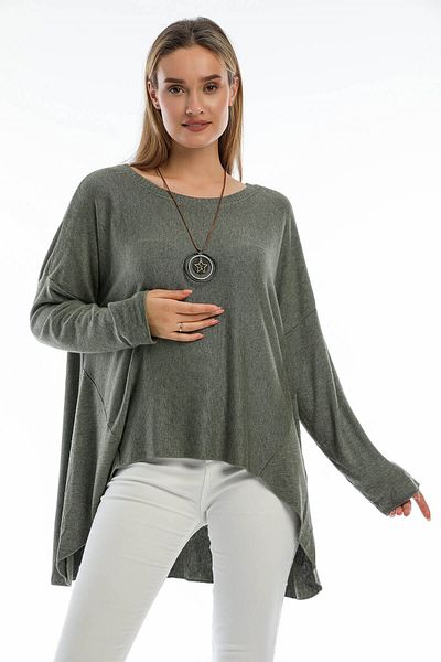 AYASOFYA OTANTIK Χακί Χρώμα Γυναικεία Πλεκτά Μπλούζα Oversize - Crew Neck, Λεπτομέρεια Κολιέ, Χαλαρό Πουλόβερ