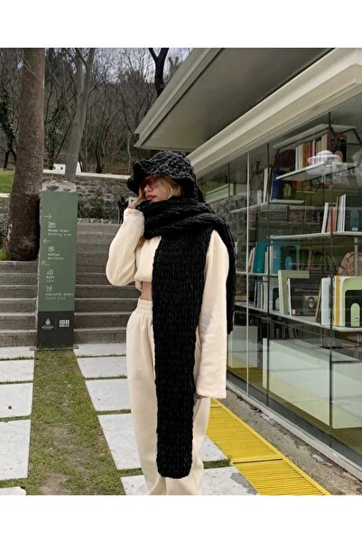 Moda Biçer Peluş Örgü Atkı Şal Siyah