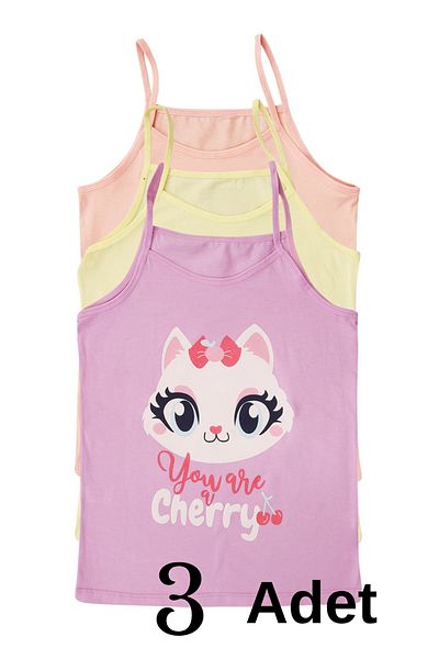 EQRU Cute Cat Patterned 3-Piece Undershirt Set for Girl - 100% Quality Cotton, Mixed Colors