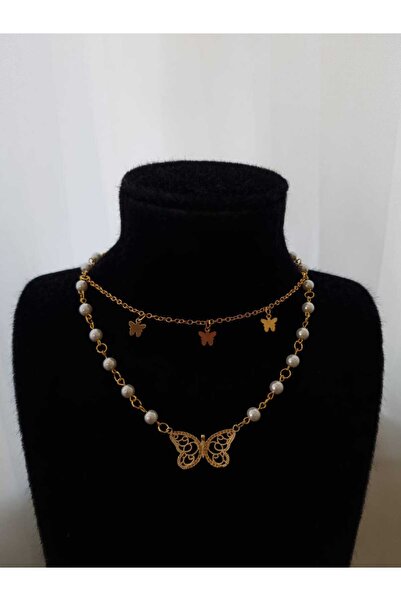 Crosswonder Gold Butterfly Pearly Kolye y2k