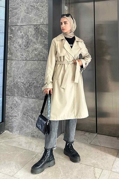 lamelif Καμπαρντίνα σε κρεμ χρώμα Classic Belted