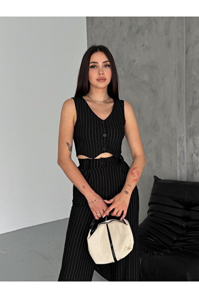 Genel Markalar Kadın Siyah Palazzo Pantolon Düğmeli Kısa Crop Yelek İkili Çiz...