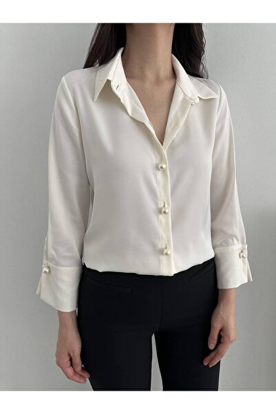 DERİNBOUTIQUE Kadın Ekru Geniş Manşet Inci Düğmeli Geniş Yaka Klasik Tasarım Yılbaşı Yeni Yıl Gömlek