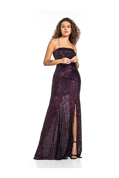 Majoristik Gece Elbisesi Mor Payetli Astarlı
