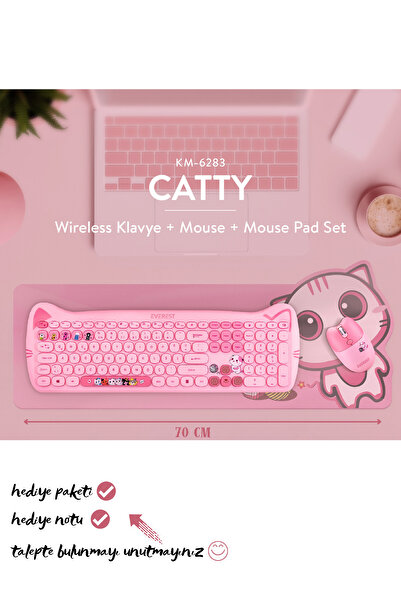Everest Pembe Wireless/ Kablosuz Bağlantılı Ultra Sessiz Özel Tasarımlı Q Klavye Mouse Mouse Pad Set