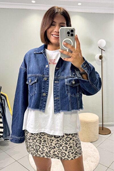 Bucle By Gizem Kesik Etekli Crop Jean Ceket Koyu Mavi