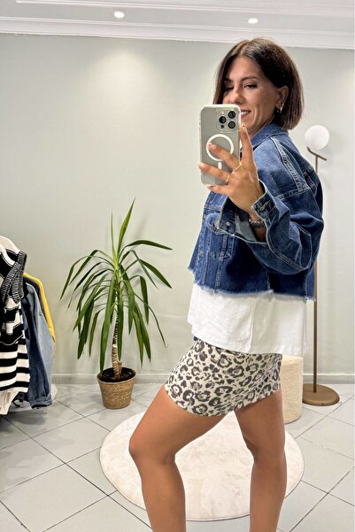 Bucle By Gizem Kesik Etekli Crop Jean Ceket Koyu Mavi