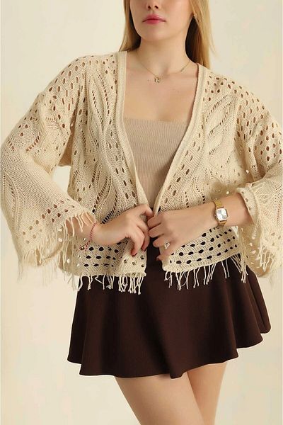 miratriko Women's Tasseled Patterned Openwork Seasonal Open Front Knitwear Cardigan 100% Cotton