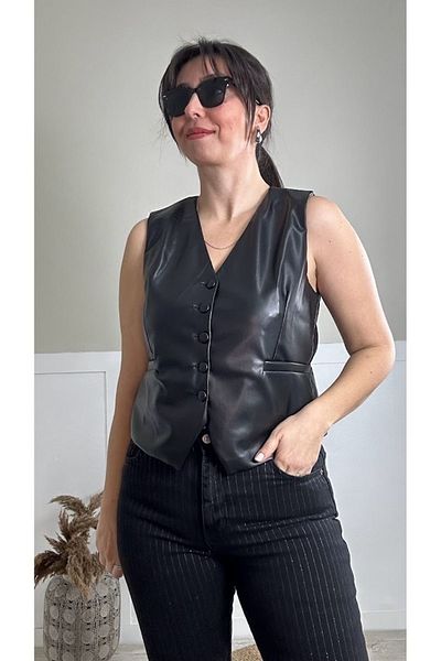 Muaz WOMEN MODEL BLACK LEATHER VEST