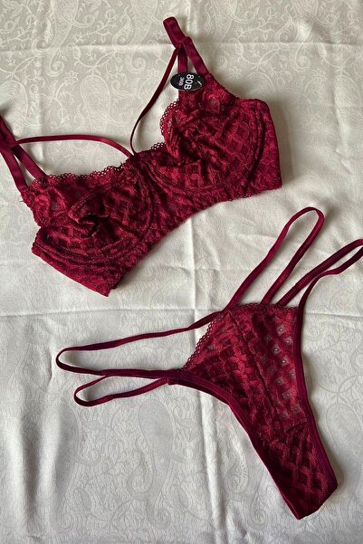 Moldina Kadın Bordo Ip Şerit Detaylı Kapsız Bralet Sütyen Tanga Iç Çamaşırı T...