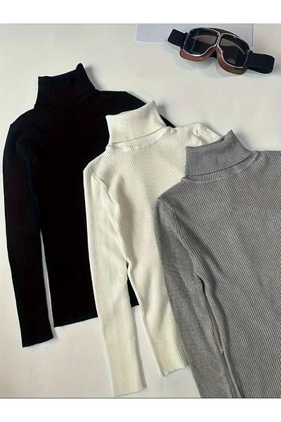 Buteks Premium Cotton 3-Piece Unisex Gray, White, Black Turtleneck Slimfit Sweater Set