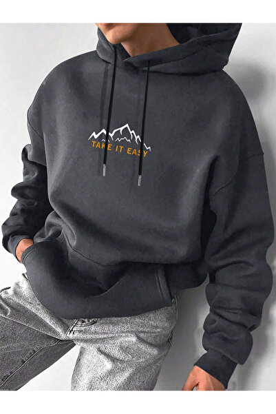 Revasser Unisex Kadın/Erkek TAKE Renkli Özel Baskılı Pamuklu Oversize Kapüşonlu Sweatshirt