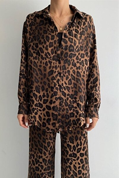Hisleria Πουκάμισο με Leopard μοτίβο Oversize Satin (VISCOSE) Καφέ