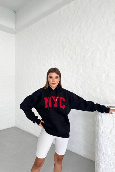 Neşeli Butik Black Hooded Fleece Embroidered Women's Sweat Nbg033