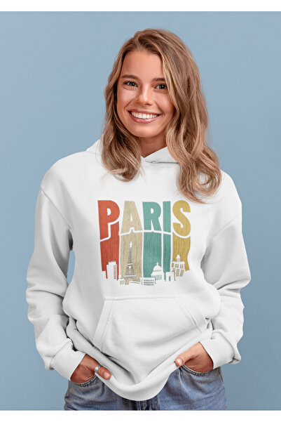 MAD COLLECTİON سويت شيرت بقلنسوة مطبوع عليه باريس للجنسين