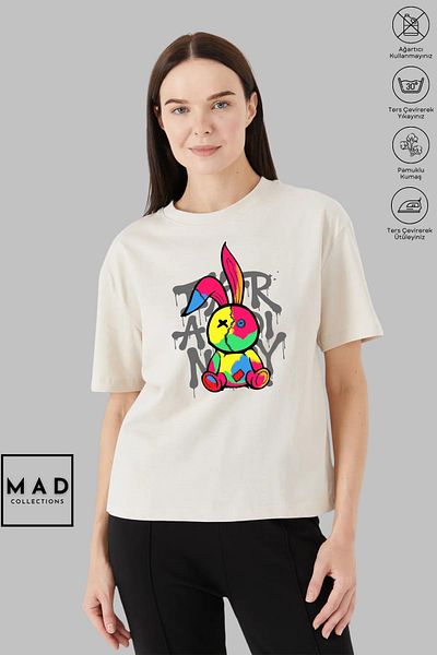 MAD COLLECTİON MAD COLLECTION Unisex Oversize Crew λαιμόκοψη, βαμβακερή ραφή με κουνέλι με στάμπα κοντομάνικο μπλουζάκι