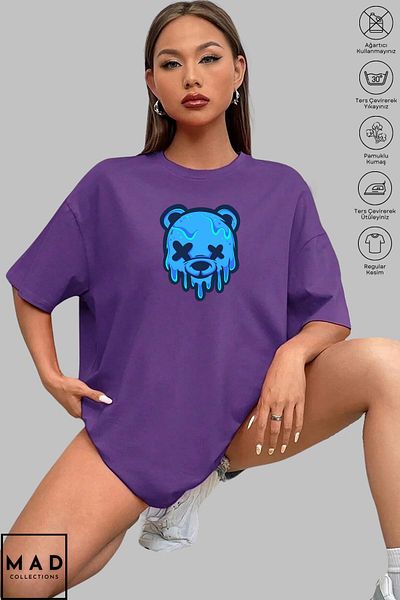 MAD COLLECTİON MAD COLLECTION Unisex Oversize Crew λαιμόκοψη βαμβακερό αρκουδάκι με στάμπα κοντομάνικο μπλουζάκι