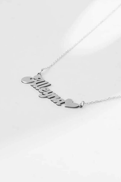 elasilver İsimli Kalpli Kişiye Özel Gümüş Aşk Kolyesi Silver