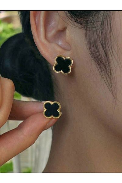 zeynep Z&d Accessory - 316l Gold Steel Enamel Clover Earrings
