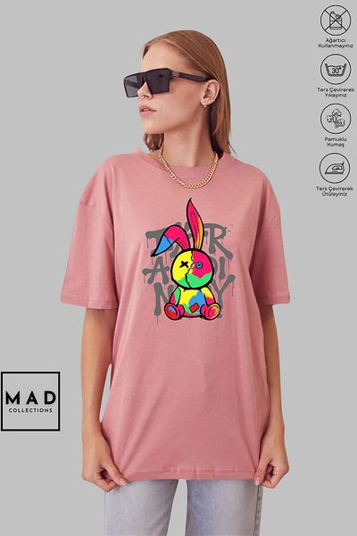 MAD COLLECTİON MAD COLLECTION Unisex Oversize Crew λαιμόκοψη, βαμβακερή ραφή με κουνέλι με στάμπα κοντομάνικο μπλουζάκι