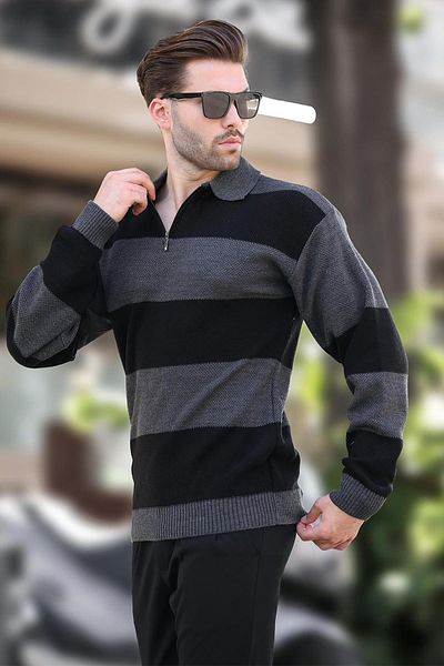 Madmext Color Blocked Anthracite Long Sleeve Sweater - Zipper Collar 7280