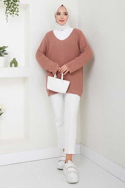 hafsamina Πλεκτό πουλόβερ Dusty Rose V-Neck - HM2527