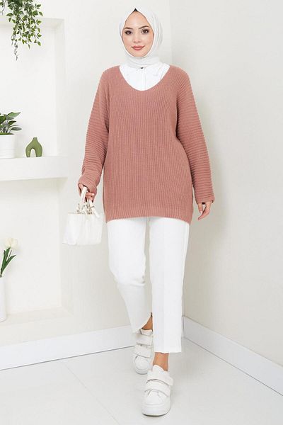 hafsamina Πλεκτό πουλόβερ Dusty Rose V-Neck - HM2527