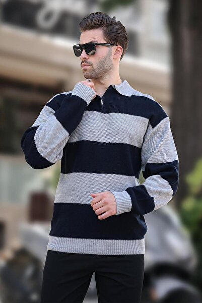 Madmext Color Blocked Gray Long Sleeve Sweater - Zipper Collar 7280