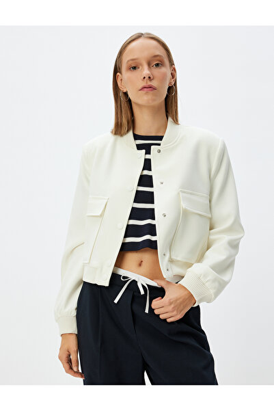 Koton Kolej Bomber Kurtka z kieszeniami i zatrzaskami z tkaniny krepowej