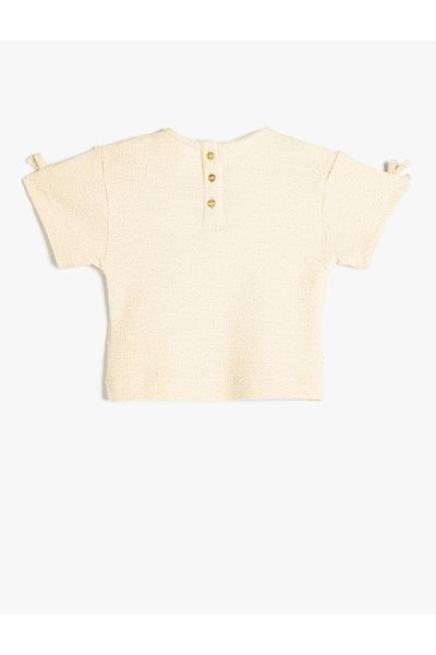 Koton Crew Neck Cotton Tweed Crop T-Shirt - Short Sleeve and Bow Detail