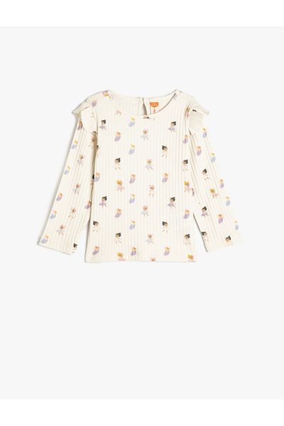 Koton Long Sleeve Floral Printed Ruffle Detailed Ribbed T-Shirt