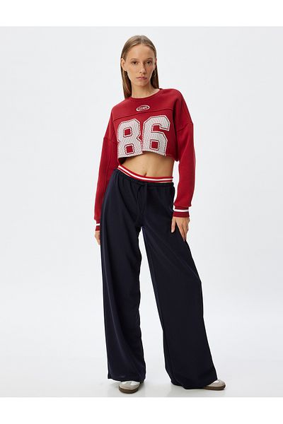 Koton Comfortable Crepe Fabric Wide Leg Trousers with High Waist and Stripe Detail