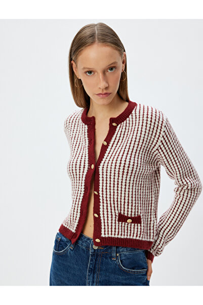 Koton Crew Neck and Pocket Detailed Knitwear Cardigan - Buttoned Long Sleeve