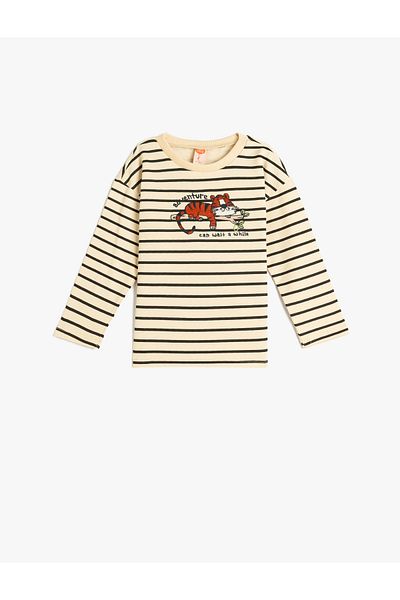 Koton Cotton Long Sleeve - Tiger Embroidered Crew Neck T-Shirt