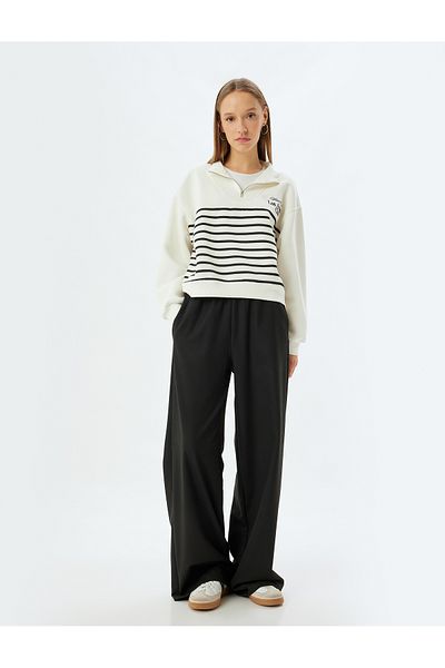 Koton Slogan Pocketed Wide Leg Trousers - Elastic Waist Label Detailed