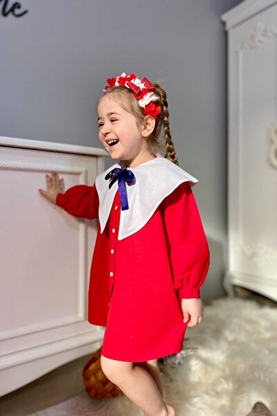 Little Honey Bunnies Red Nostalgic Collar Front Buttoned Girl's Dress