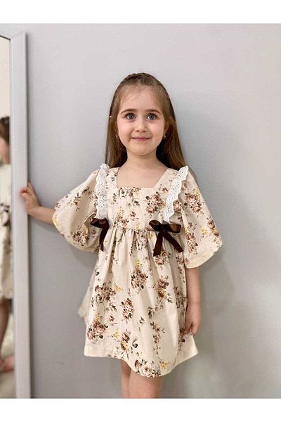 Little Honey Bunnies Brown Bow Detailed Flower Dress