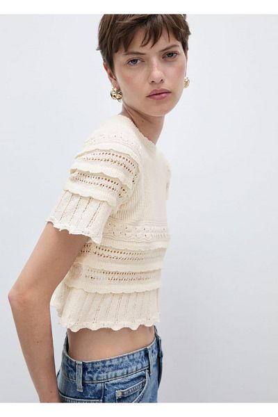 MANGO Woman Openwork Knit Detailed Short Sleeve Sweater