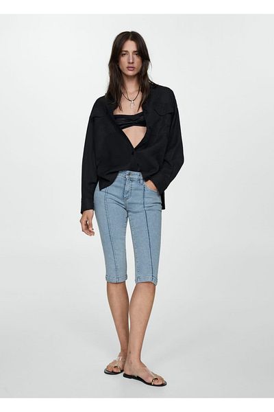 MANGO Woman Blugi capri subțiri cu cusături decorative