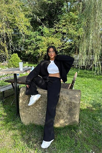 Dipmoda Set de trening negru de iarnă cu fermoar pentru femei DPG026