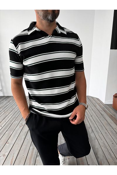 BYBASICMAN Black Striped Embossed Polo Collar T-Shirt G-5476