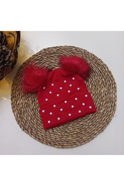 MARS BABY قبعة بوم بوم مزدوجة باللون الأحمر اللؤلؤي للفتيات الصغيرات