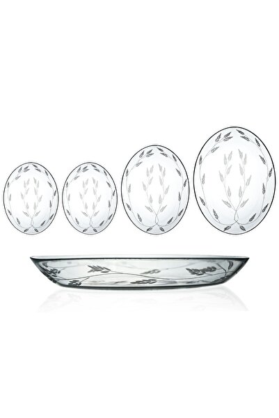 DECOCIA 4 Adet Oval Cam Salata Sunum Tabak Takımı Sürgün Desenli