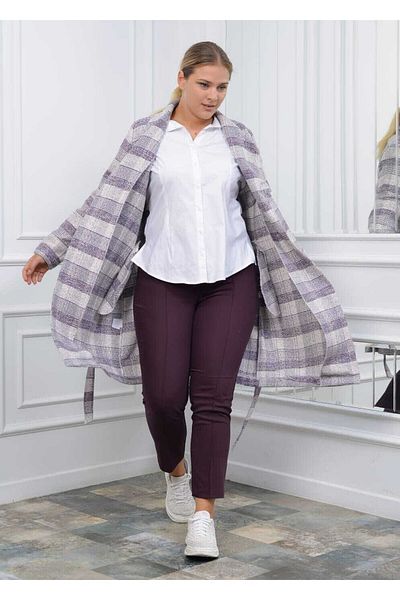 MODATALİKA Modatalika Women's Plaid Patterned Large Size Belted Coat