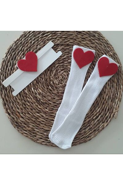MARS BABY Kız Bebek Kırmızı Kalp Figürlü Bandana Ve Beyaz Çorap Set