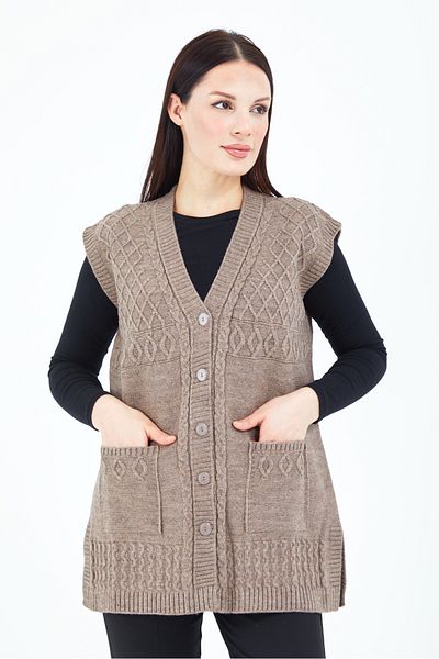 Fresh&Moda Дамска плетена вълнена жилетка от норки с V-образно деколте и джоб с копчета