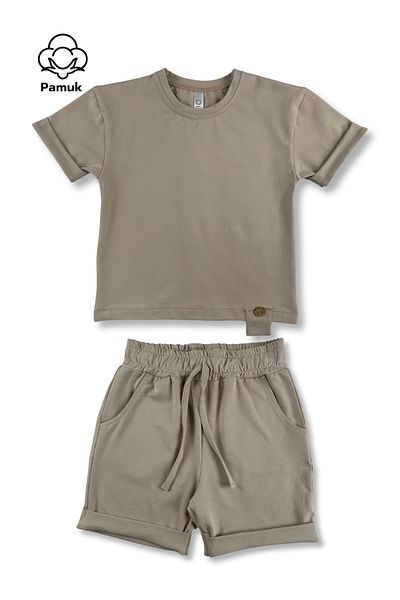 difa kids Beige Unisex Summer Suit - Wooden Button, Girl's Boy's Top and Bottom Set