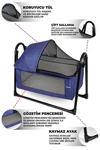 LOOVE BEBE Smoll Metal Sallanır Beşik Lacivert Keten Kumaşlı Hamak Salıncak