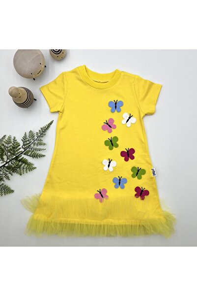 DENİZCİK 1-2-3 Yaş Renkli Kelebekler Nakışlı Eteği Fırfırlı Jile Çocuk Elbisesi